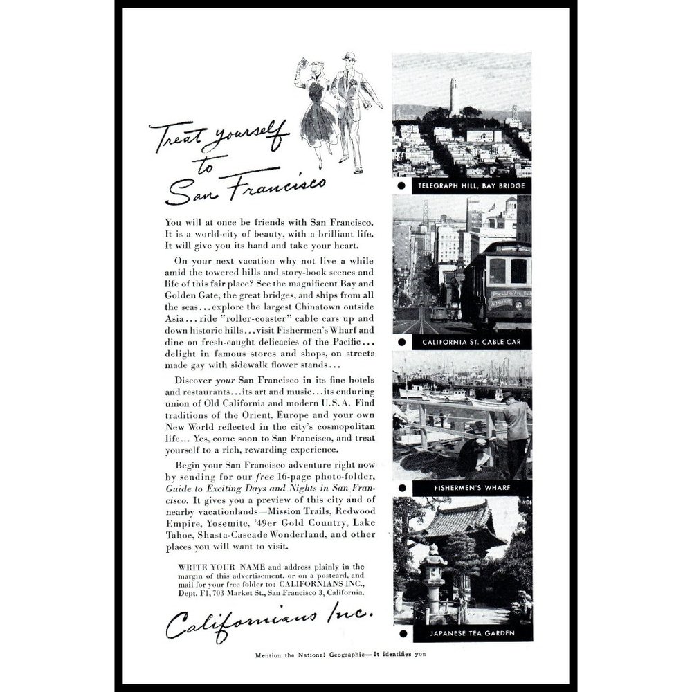 1954 San Francisco Vacation Travel Vintage Print Ad Cable Car Fishermans Wharf
